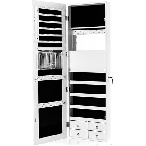 Armoire à bijoux blanche avec miroir pleine longueur, 4 tiroirs, éclairage LED et fixation murale ou porte pour chambre et dressing (1/5)