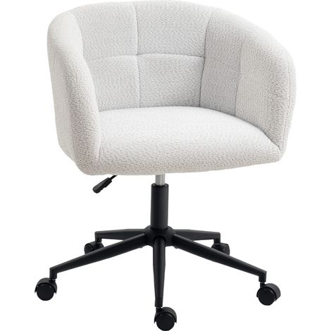 Sedia da ufficio imbottita con rivestimento in peluche, design a vasca, sedia da scrivania con ruote, base in acciaio, crema + nero