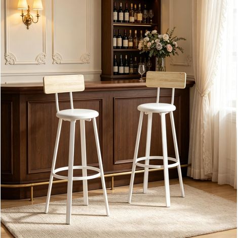 Set di 2 sgabelli da bar con schienale e poggiapiedi, 75,5 cm, bianco e legno DESVIAE (1/5)