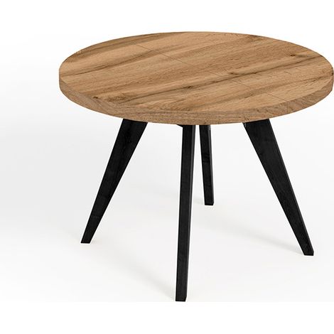 Table de salle à manger ronde extensible LORA, style loft, scandinave, diamètre : 100 / 200 cm, couleur :wotan / noir (1/4)