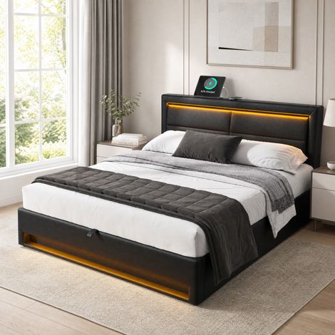 Letto imbottito 140x200 cm in PU nero con LED, USB e contenitore, senza materasso (1/5)
