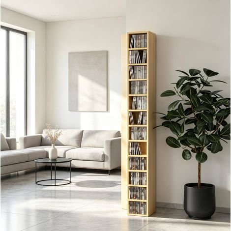 Platzsparender CD-Turm in Naturholzoptik, modernes Medienregal, OKWISH (1/5)