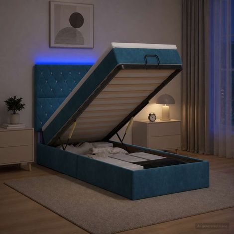 vidaXL Lit coffre avec matelas et LED Bleu foncé 100 x 200 cm Velours (1/5)