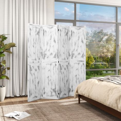HOMCOM Biombo Divisor Separador de Ambientes de 4 Paneles Plegables de Madera de Paulonia 160,5x170 cm Blanco Rústico (1/5)