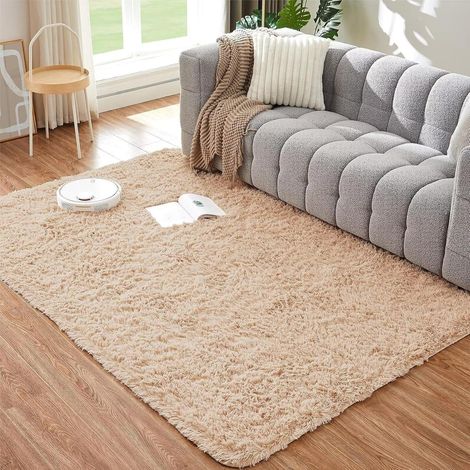 Tapis shaggy doux et moelleux 120x180cm beige antidérapant pour salon chambre (1/5)