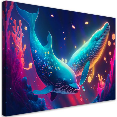 Tableau contemporain Baleines néon sous l'eau 100x70 (1/5)