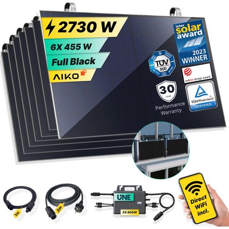 ROBINSUN®️ Kit Solar Enchufable Performance Balcony 2.730Wp, 6 paneles Aiko 455Wp+3 Microinversores 800W Wifi incluído+Cable 3m+6 Fijaciones SolarHook (1/5)