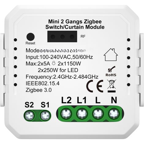 Module interrupteur double Tuya Zigbee 3A pour rideaux, compatible avec l'application smartphone et Google Home Voice. Contrôle domotique. Disjoncteur intelligent. (1/5)