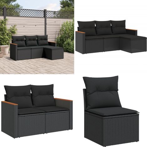 4-tlg. Garten-Sofagarnitur mit Kissen Schwarz Poly Rattan - Gartensofas - Outdoor-Möbel - Gartenmöbelset - Rattanmöbel - Polyethylen Furniture - Home & Living (1/5)