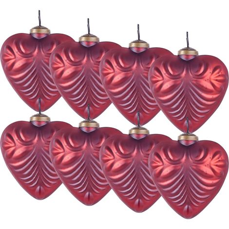 Set of 8 Christmas Baubles Red Glass Hanging Heart Shaped Xmas Tree Handmade Balls Holiday Decor FERIABLE