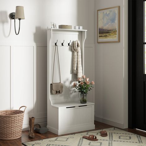 Porte-manteau avec banc de rangement pour chaussures, 4 crochets, style moderne, 71,5 x 39,5 x 170 cm, blanc (1/5)