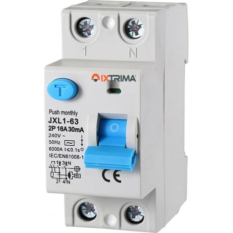 Interrupteur différentiel pur 16 A 2 pôles 2P 220 V 6 kA 30 mA 2 modules DIN, RCCB C16 (1/5)
