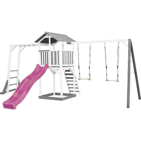 Axi Beach Tower Aire De Jeux Avec Toboggan En Violet, Cadre D'Escalade, 2 Balançoires & Bac À Sable Grande Maison Enfant Extérieur En Gris & Blanc Cabane De Jeu En Bois Fsc