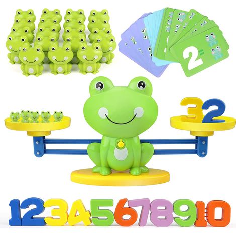 Jeu d'équilibre Montessori en forme de grenouille, avec balance et accessoires, pour apprendre à compter et à compter.