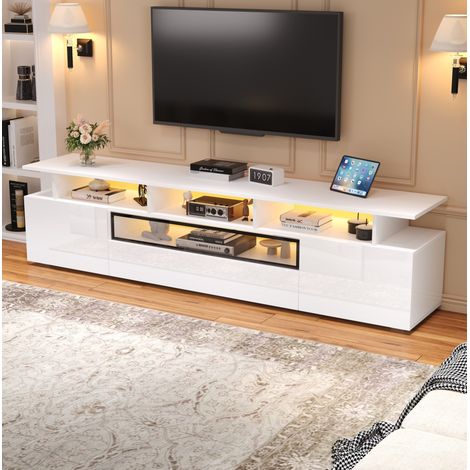 Meuble TV blanc laqué 180 x 38 x 45 cm avec LED, 2 placards et 1 tiroir, REDOM (1/5)