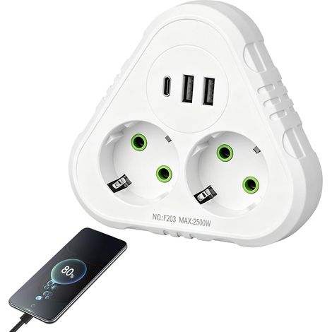 Multiprise Murale Double Prise avec 2 Ports USB et 1 Type C, Adaptateur Secteur 2500W 10A, Multiprise Parafoudre et Surtension Compacte pour Maison Bureau Voyage (Blanc) (1/5)