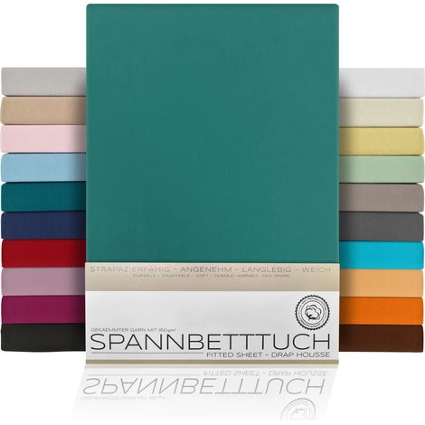 Drap-housse BEAUTEX en jersey de coton peigné premium 160 g/m², dimensions et coloris au choix, 100 x 200 cm, couleur pétrole, compatible avec sommier tapissier. (1/2)