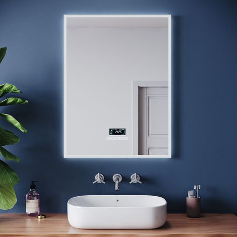 ELEGANT Bathroom LED Mirror with Shaver Socket with Demister Pad Wall Mounted Bathroom Makeup Mirror 600x800mm Bluetooth Clock and date Touch Sensor (1/5)