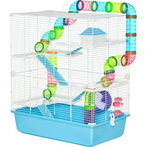 Cage pour hamster , cage à rongeurs à 5 niveaux, cage pour petits animaux en fil d'acier avec roue d'exercice, rampe, biberon, gamelle, cage pour souris pour hamsters et gerbilles, 59 x 36 x 69 cm, bl