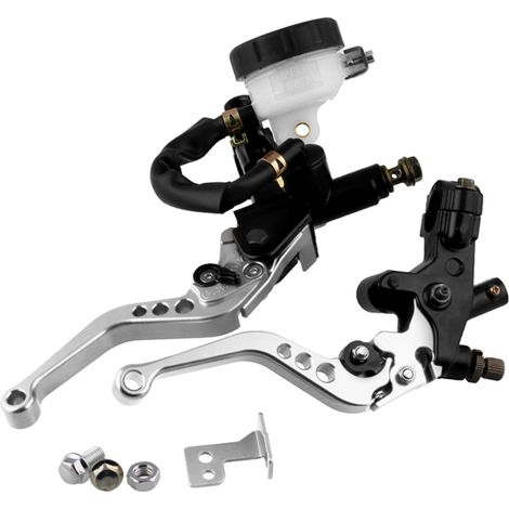 Juego de manetas de freno y embrague para motocicleta de 7/8" con cilindro maestro y depósito, universal y ajustable. (1/5)