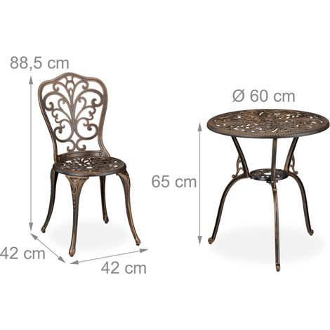 Salon de jardin compact 65 x 60 cm table 2 chaises ambiance romantique style rustique en fonte d'aluminium gris (1/3)