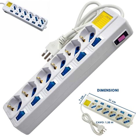 TrAdE Shop Traesio - Multipresa 6 Posti Schuko Bipass 10-16a Con 7 Interruttori Protezione Bambini - (1/4)
