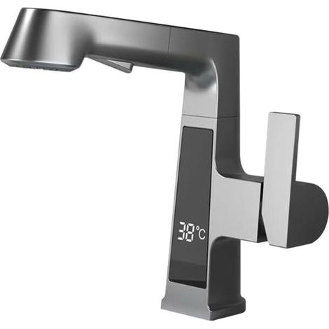 royaluxe -Robinet de lavabo de salle de bain avec douchette extractible, affichage de la températureRobinet de salle de bain Robinet de lavabo 1 trou / 3 trous avec pont, 2 modes d'écoulement Robinet