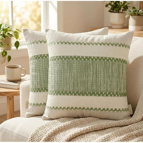 Federe per cuscini decorativi per soggiorno e divano, verde salvia, texture effetto lino, stile bohémien e moderno scandinavo, lavabili, senza imbottitura (1/4)