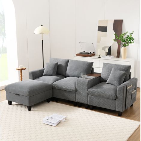 Divano angolare modulare 4 posti grigio in velluto a coste con USB OKMYHOME (1/5)
