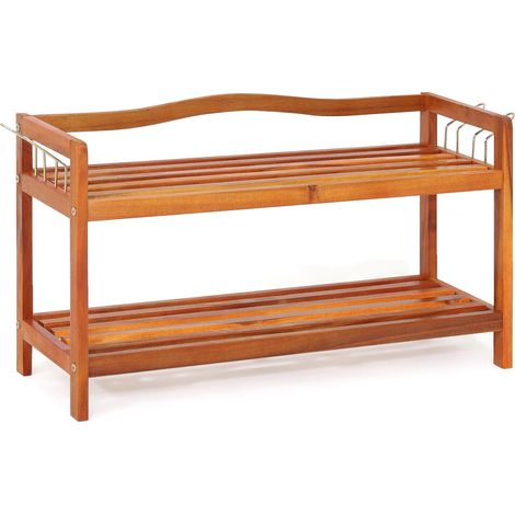 Étagère à chaussures en bois d'acacia 2 niveaux avec 4 crochets latéraux et rangement compact pour entrée, chambre et balcon (1/5)