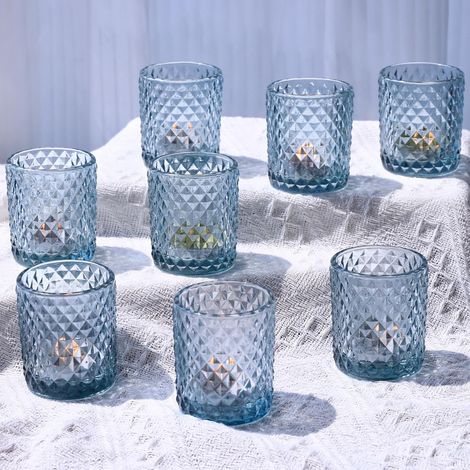 Bleu Photophore Verre Lot de 12, Motif Diamant Bougeoir Verre pour la décoration d'automne, Contenant pour Bougie Chauffe-Plat Adaptés pour Thanksgiving, Noël et Les Fêtes(5,5 x 6,5 cm)