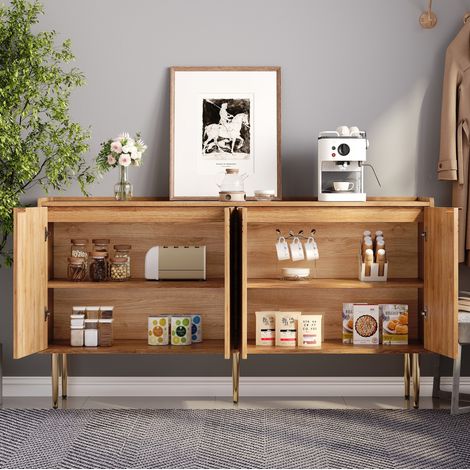 Aparador de 4 puertas 140 x 38 x 75 cm en MDF natural con estantes regulables, DESVIAE (1/5)