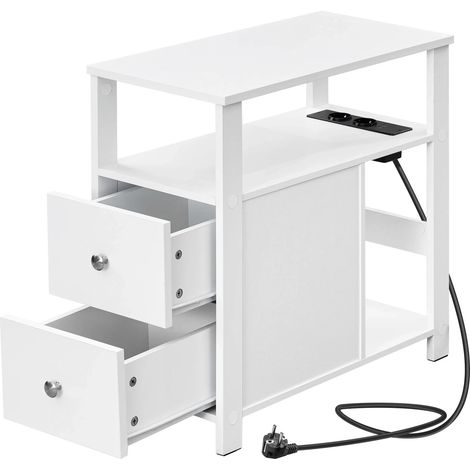 Table d'appoint blanche avec prise intégrée et rangements, 60 x 60 x 30 cm (1/5)