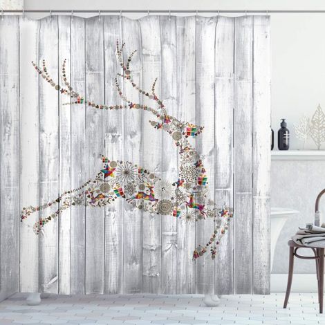 Duschvorhang mit Hirschmotiv, bunte Tiersilhouette, verschiedene Weihnachtsmotive