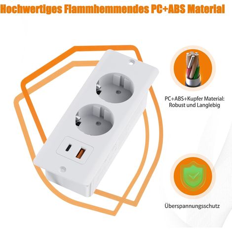 Ingebouwde aansluiting met USB, tafel aansluiting met 2 USB en 2-weg stroomstrek, tafelblad Ingebouwde dubbele stekkers met 2M kabel, Ingebouwde stroomstrek voor werkbladmeubels, Wit (1/4)