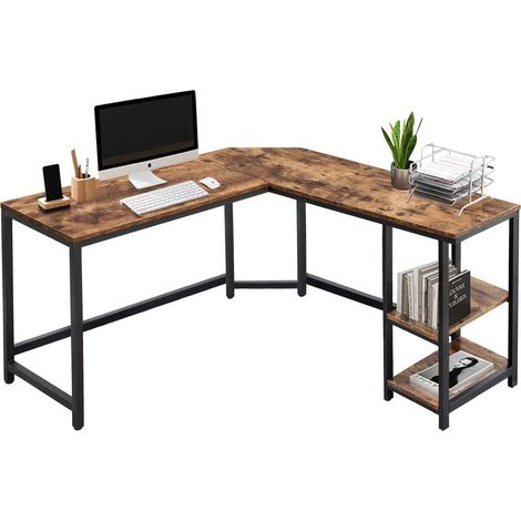 Bureau d'angle en L, avec bibliothèque 2 étagères, table de travail pour ordinateur portable, structure en métal noir et plateau en bois, effet antique, décoration de bureau, design industriel, (1/5)