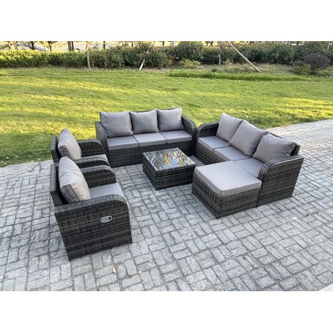 Fimous Dossier haut Salon de jardin avec Table basse carrée Grand tabouret Ensemble de canapés en rotin Gris foncé mixte (1/5)
