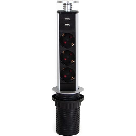 Regletas Enchufe encastrable, Regleta multienchufe retráctil con 3 enchufes schuko EU y 2 Puertos USB, Torre de enchufes Vertical empotrable para encimera de Cocina o Escritorio
