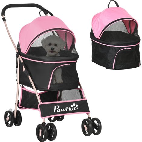 Chariot chien 2-en-1 repliable convertible en sac avec 2 laisses rose (1/5)