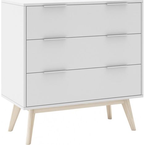 LAUPELL - Commode Scandinave 3 Tiroirs Pin Massif Naturel et Blanc (1/5)