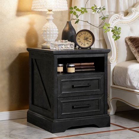 Table de Chevet Commode 45,7 cm avec Station de Charge, Table d'Appoint à 2 Tiroirs de Rangement - Idéal pour Chambre à Coucher & Salon - Panneau de Particules Noir (1/5)
