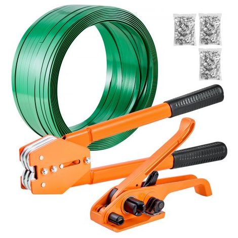 Juego de Flejado Manual con Fleje de PET de 304,8 m y 300 Precintos Metálicos, Herramienta de Flejado para Embalaje, Kit Completo para Almacén, Mercado, Garaje, Envío, Mudanza, Hogar, Naranja (1/5)