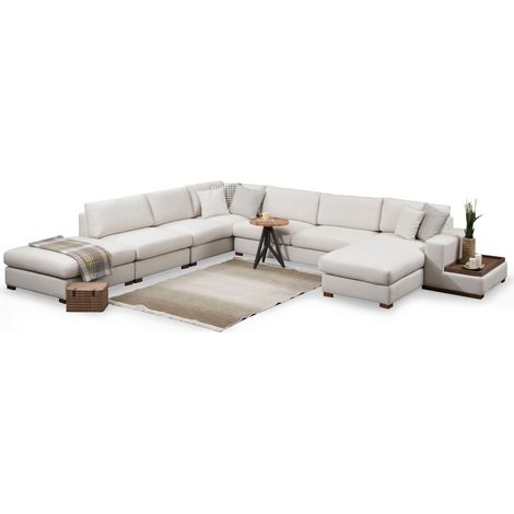 Les Tendances – Canapé panoramique 6-7 places tissu beige clair – Étagère en bois – Dimensions 374 x 95 x 85 cm – Confort optimal avec coussins moelleux (1/5)