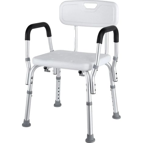 Silla de ducha, altura ajustable, capacidad de 136 kg (300 lb), estructura de aluminio, base antideslizante, reposabrazos desmontables. (1/5)