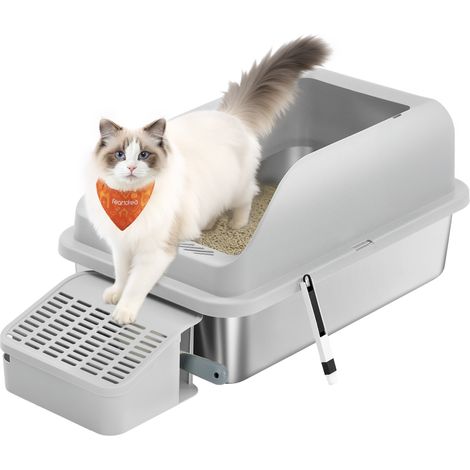Bac à Litière pour Chat, en Acier Inoxydable, à Bords Hauts, Dessus Ouvert, Marche, Pelle, Brosse, pour Chats jusqu’à 15 kg, Gris Tourterelle