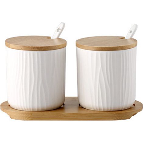 Pot À Épices En Céramique - Avec Couvercle En Bambou Et Cuillère - Pour Sucre Sel Thé Cuisine - Lot De 2 (1/5)