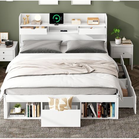 Letto adulti 140x190 cm con porta USB, 4 cassetti e rete a doghe, in legno, senza materasso, bianco (1/5)