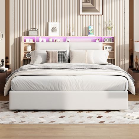 Cama tapizada 140 x 200 cm, Cama doble, Canapé hidráulico, Cabecero con luz LED y espacio de almacenaje, PU, Blanco (1/5)