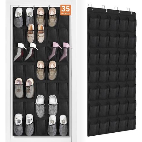 Étagère à chaussures à fixer derrière la porte avec 35 grandes poches, étagère à chaussures en filet, étagère à chaussures murale, noir, 1 pièce. (1/5)