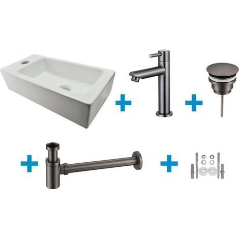FugaFlow Eccelente Sobrado Ensemble lave-mains de salle de bains - gauche - 1 trou de robinet - robinet de fontaine gunmetal - blanc (1/4)